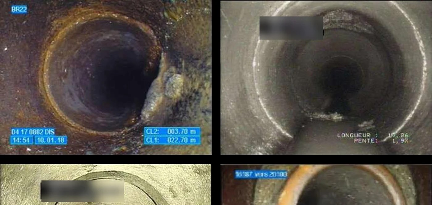 Camera images from inside sewer pipes showing a deposit and a pipe joint